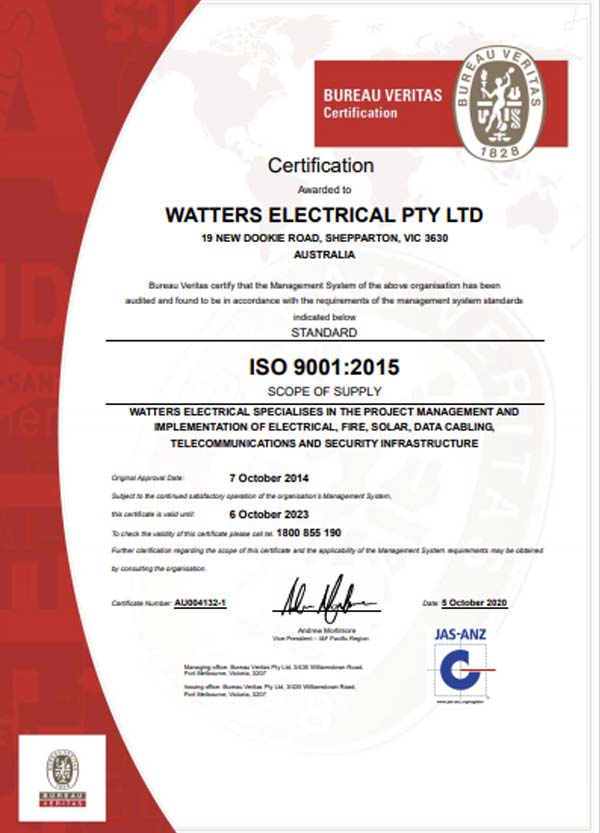 Watters Electrical ISO Certification