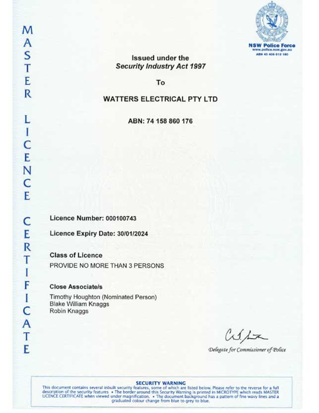 Watters Electrical Master Security Licence Certificate
